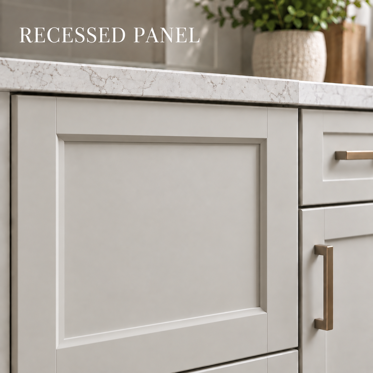 Recessed-panel cabinet door with a flat inset center panel framed by wider rails and stiles