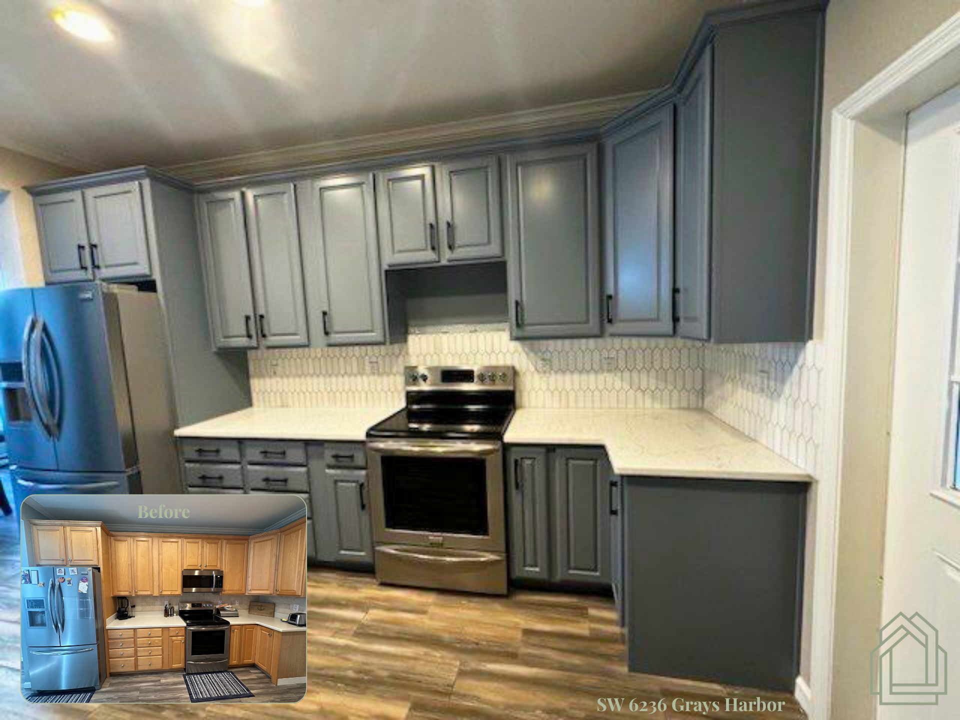 Modern kitchen with gray cabinets, stainless steel appliances, white tile backsplash, and wood-look floor