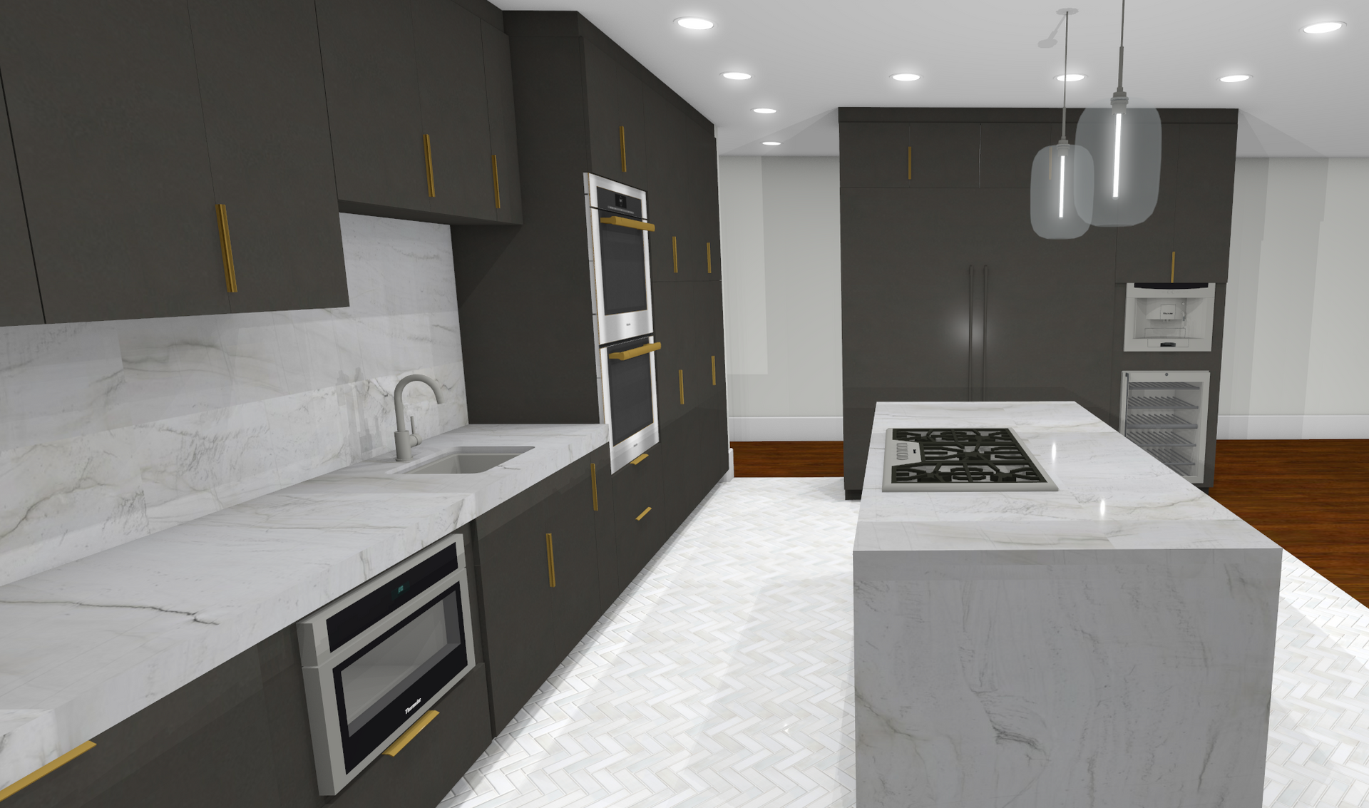 Modern kitchen with dark cabinets, white marble counters, island cooktop, and built-in appliances