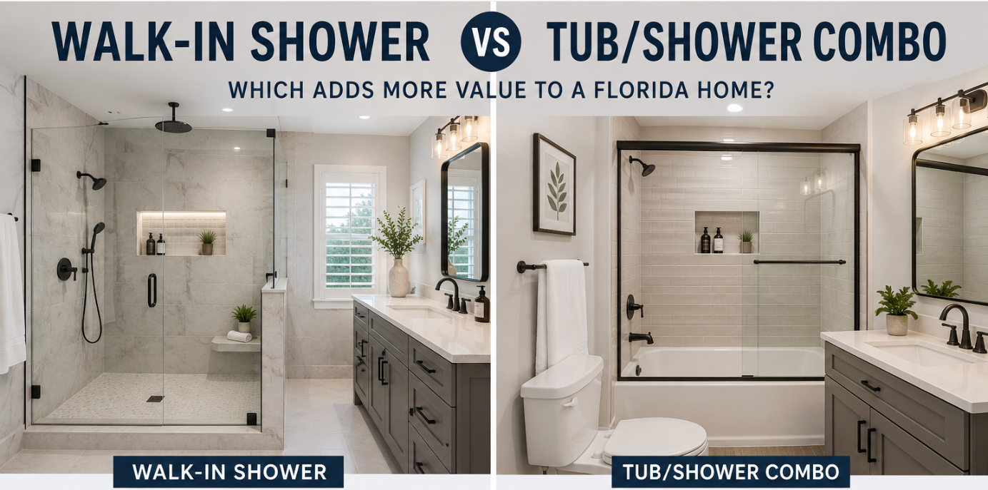 Side-by-side comparison of a modern walk-in shower and a tub/shower combo in a remodeled Florida bat