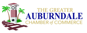 Greater Auburndale Chamber of Commerce logo with clock tower, palm trees, and railroad tracks