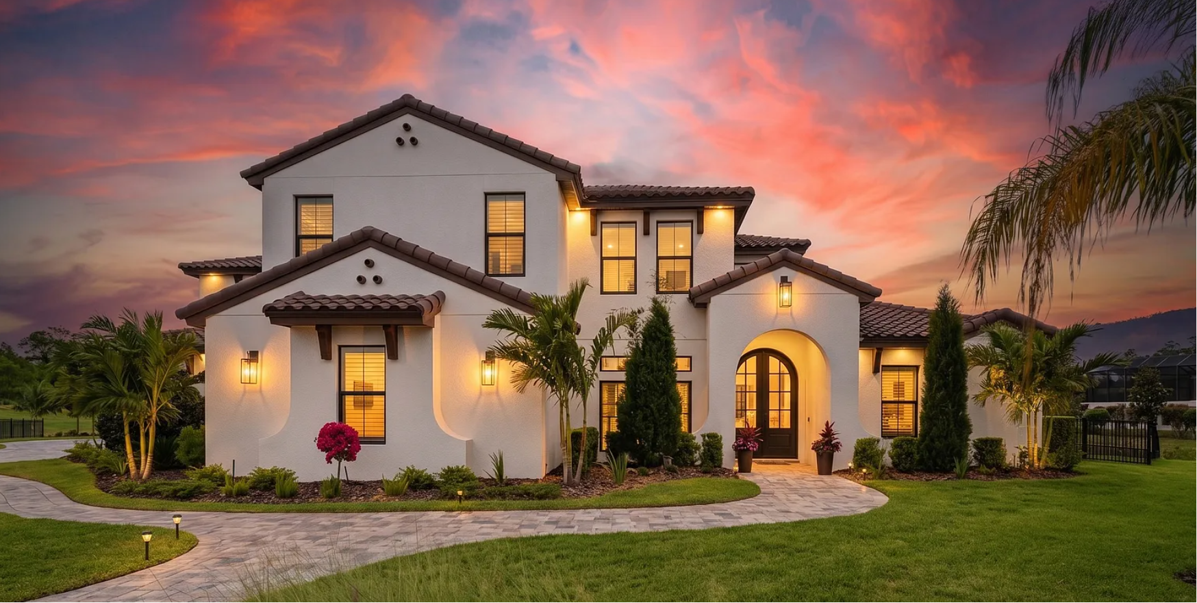 Modern white two-story house at sunset with warm lit windows and a landscaped front yard.