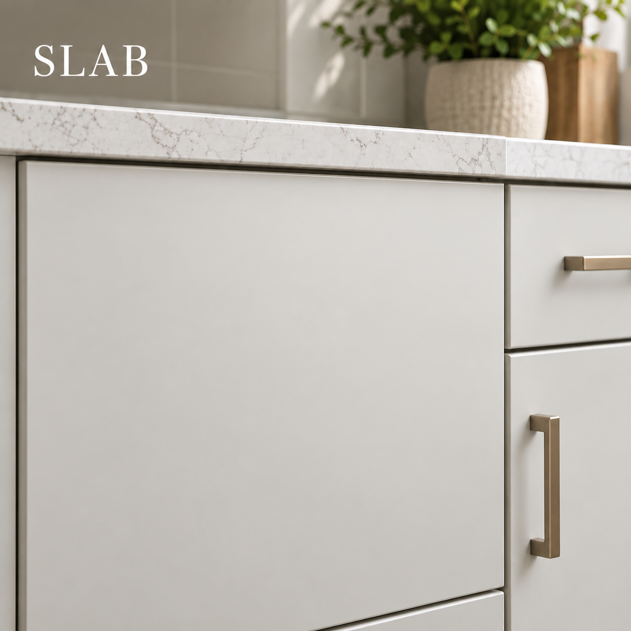 Slab cabinet door with a smooth flat-panel front and minimal detailing