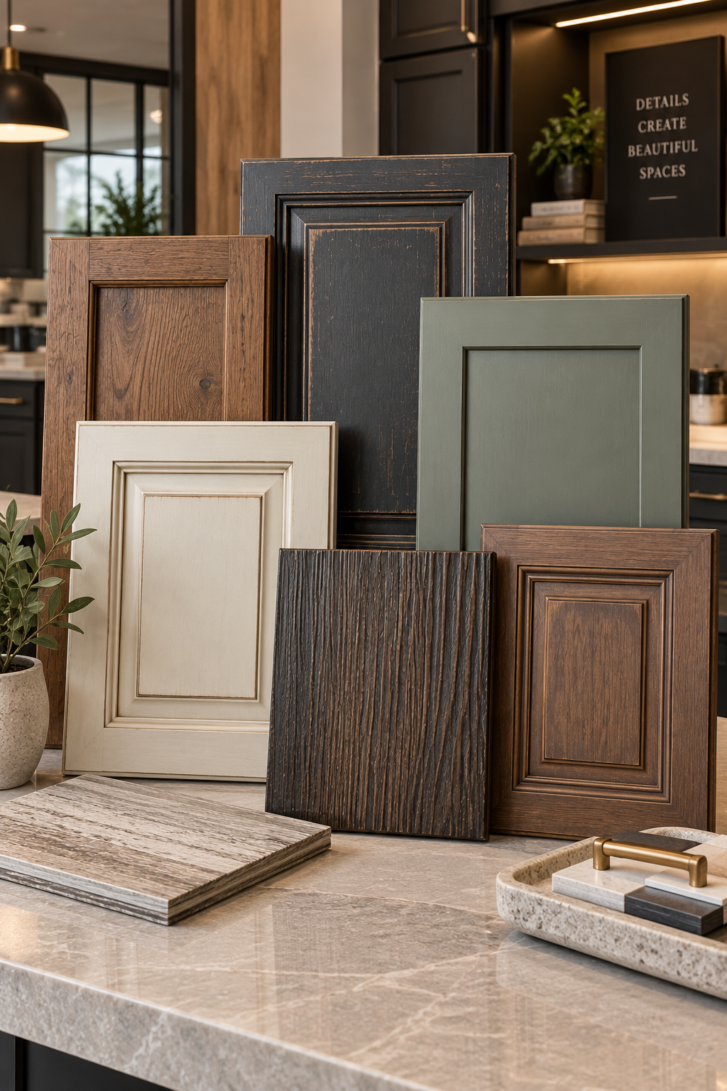 Cabinet door samples showing distressed, painted, textured, stained, and specialty wood finishes