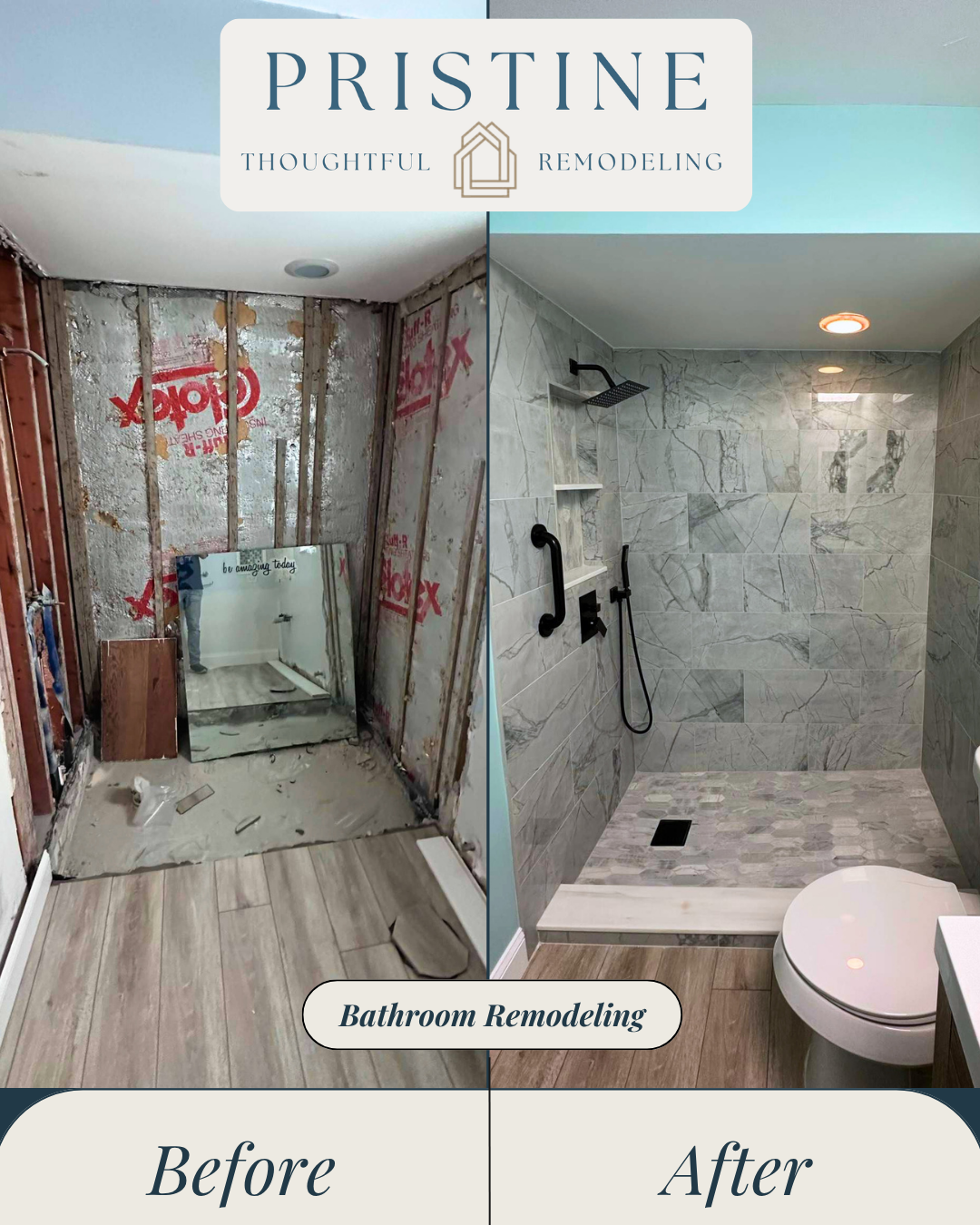 Bathroom remodeling project in Tampa Florida with marble tile shower and modern black fixtures