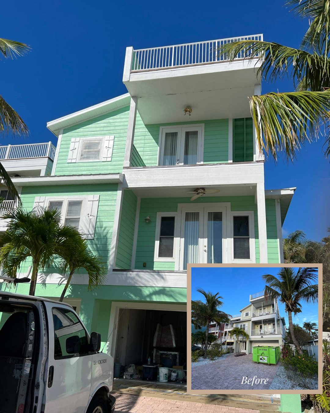 Mint-green multi-story house with white trim and rooftop terrace under a bright blue sky, with palm trees nearby