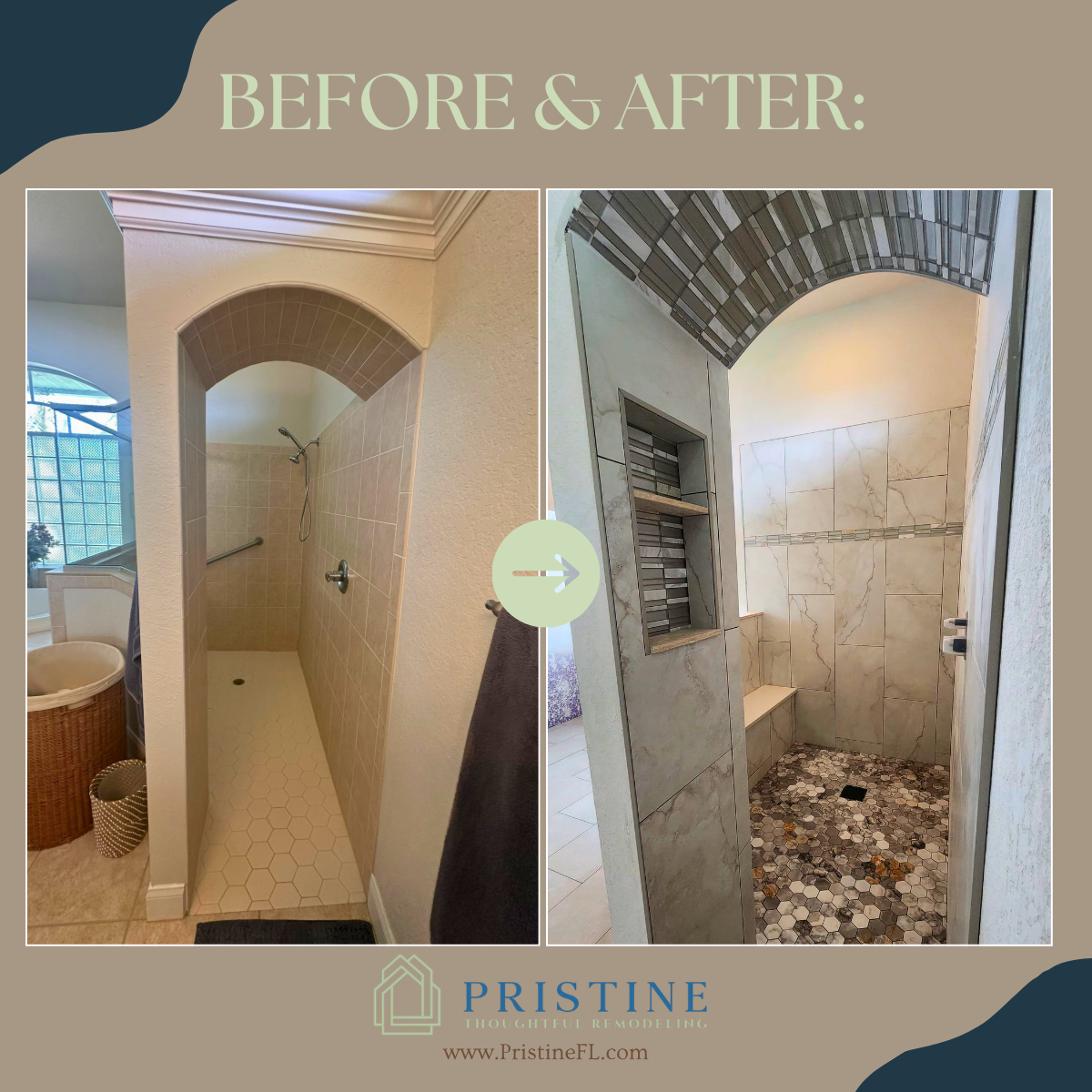 Before and after bathroom shower renovation in North Lakeland Florida