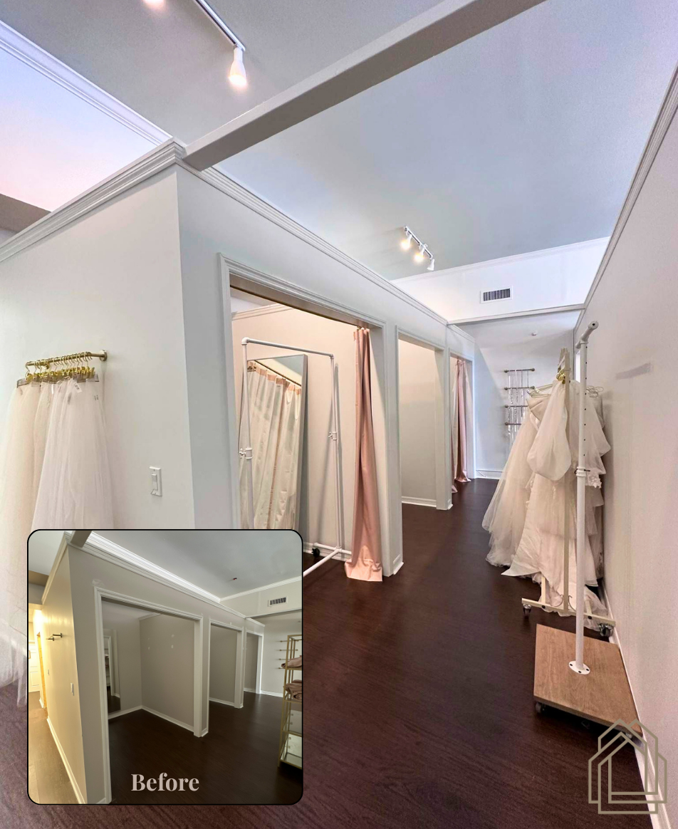 Bright boutique dressing room with white walls, dark wood floor, and cream curtains; small before inset in corner