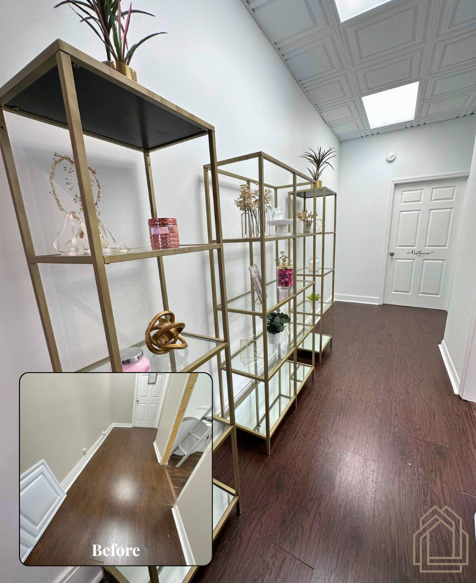 Hallway with gold-framed shelving and decor, dark wood floor, white doors, and a small “Before” inset.
