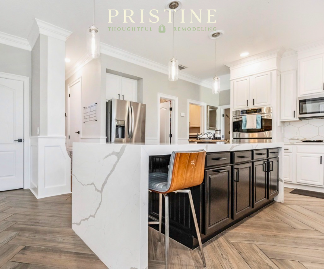 Bright white kitchen remodel in Lakeland FL with large island and quartz countertops