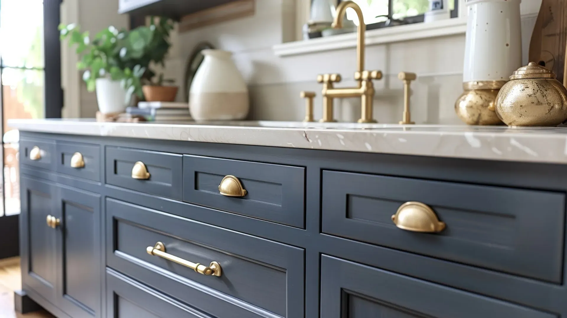 Dark navy kitchen island with brass handles and faucet on a light countertop
