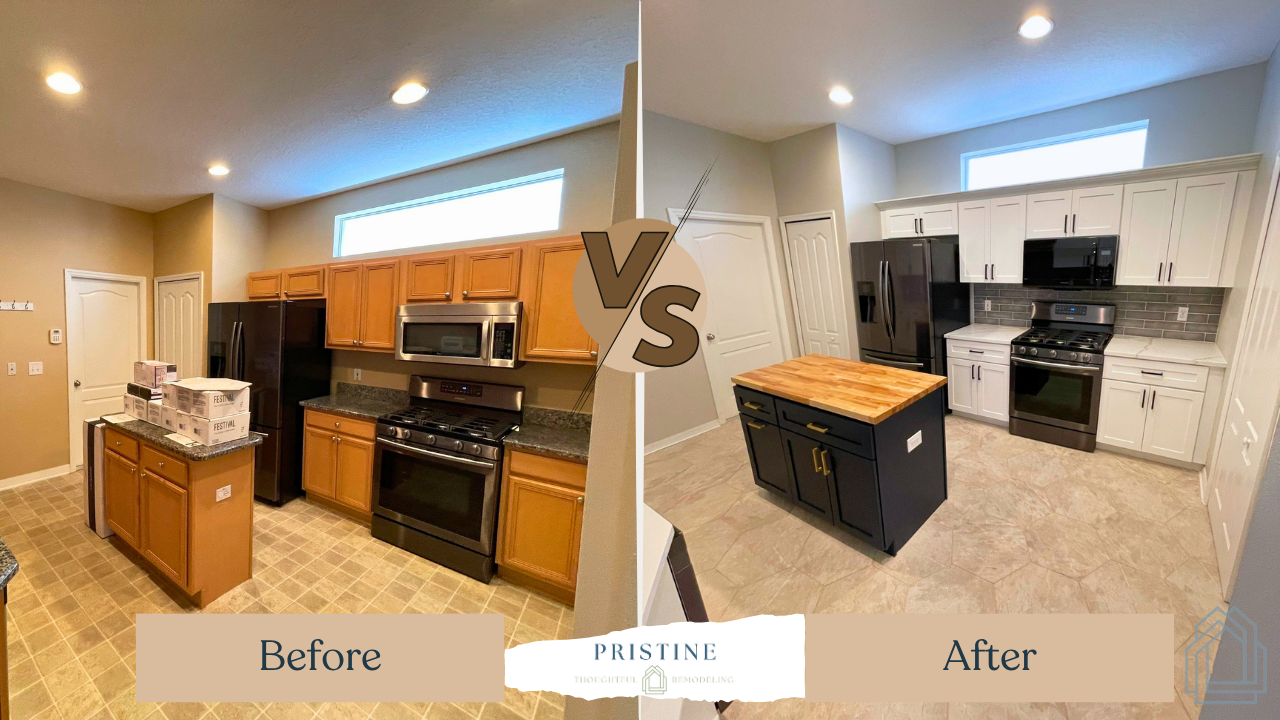 Split kitchen remodel before-and-after: old warm-toned kitchen on left, sleek white modern kitchen on right.