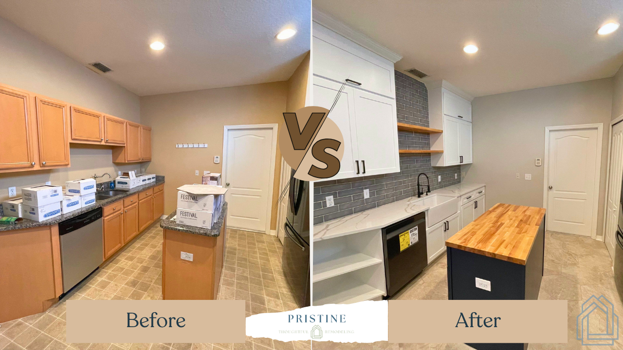 Before-and-after kitchen renovation with warm wood cabinets on the left and a modern white-and-wood kitchen on the right.
