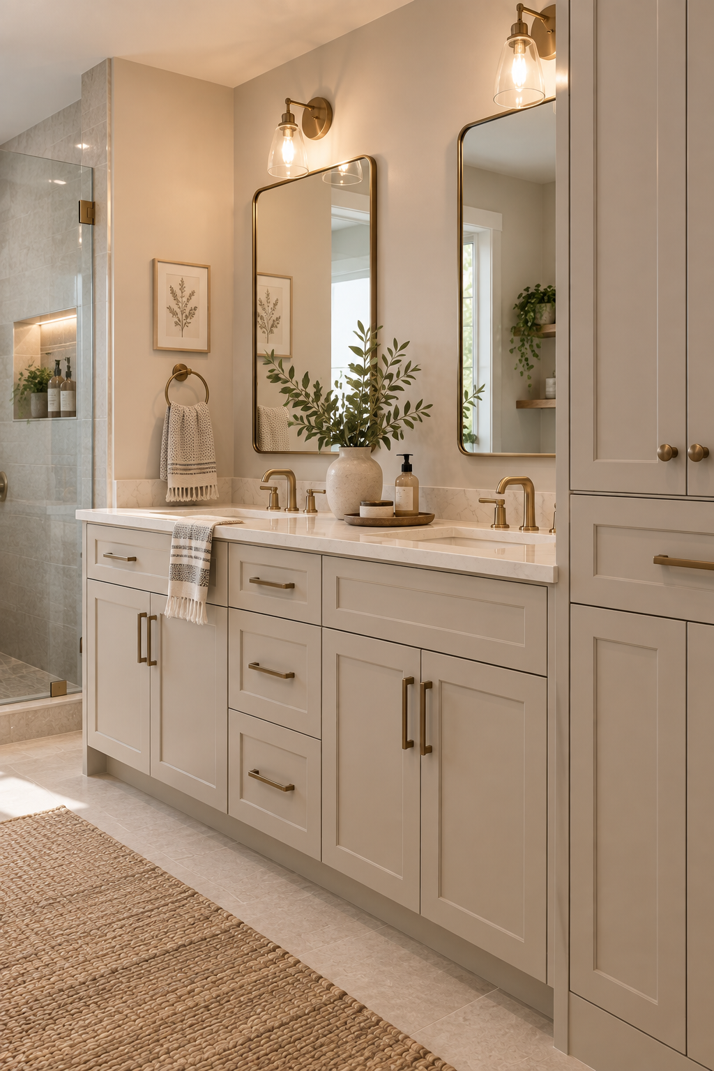Bathroom vanity with soft warm neutral painted cabinetry and brass hardware