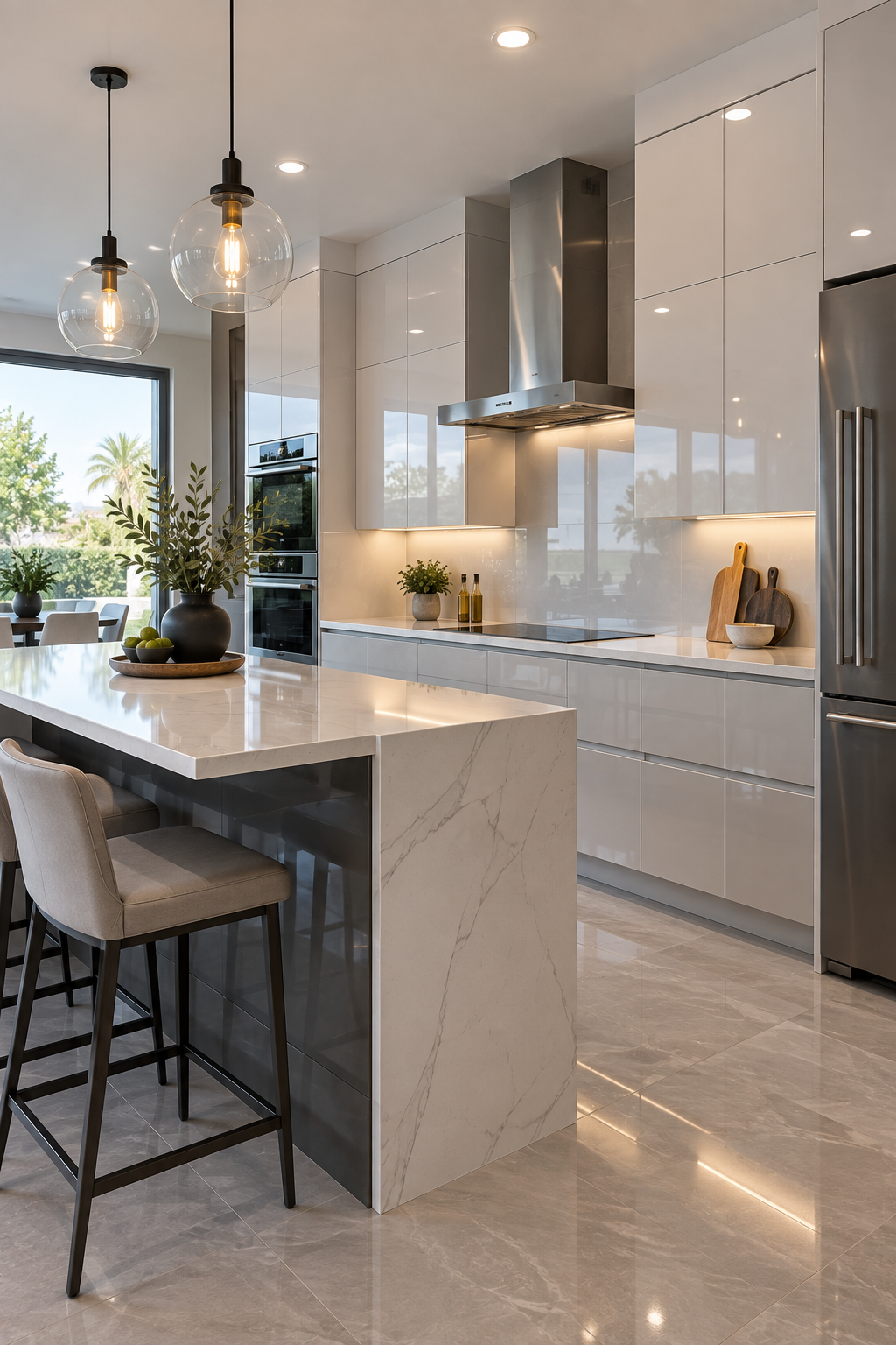 Glossy acrylic flat-panel cabinets in a contemporary kitchen