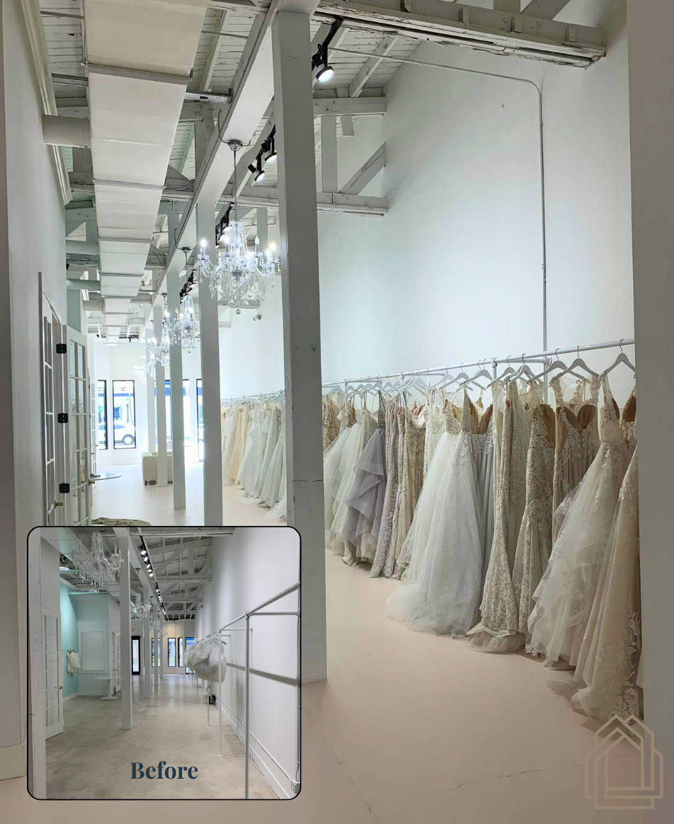 White bridal dresses hanging in a minimalist showroom hallway, with a small “Before” inset.