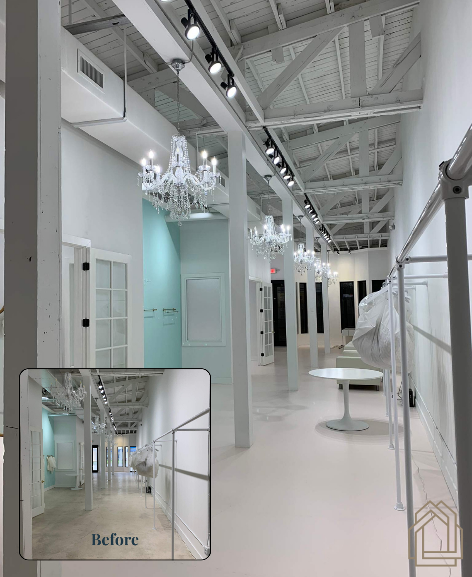 Bright white salon interior with chandeliers, mirrors, styling stations, and a small “before” inset inset.