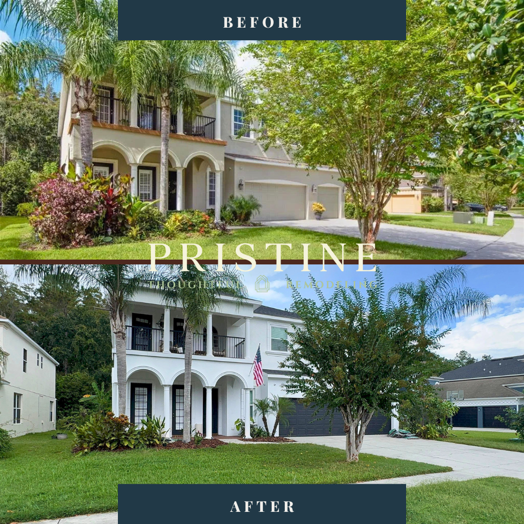 Before-and-after view of a white two-story house with lawn and trees, labeled “BEFORE,” “PRISTINE,” and “AFTER”