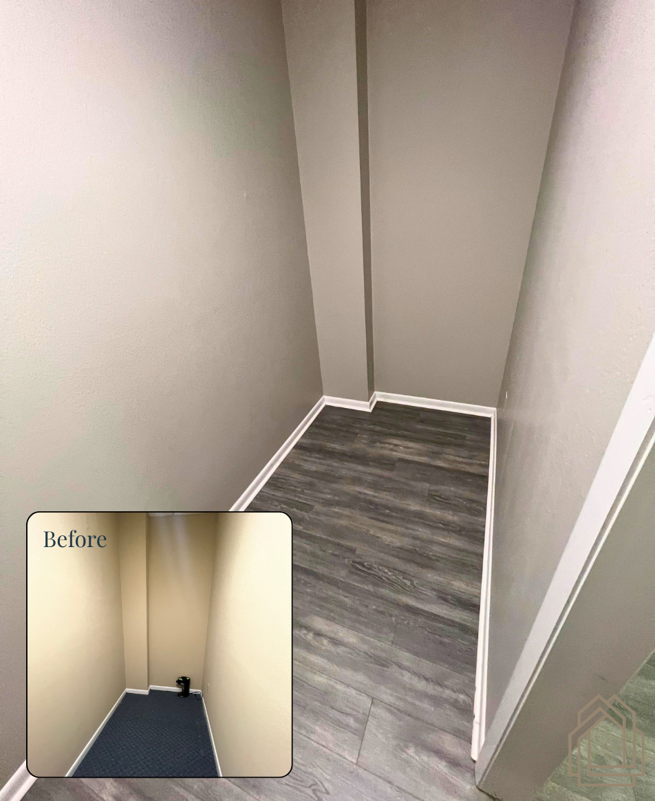 Narrow beige hallway with gray wood flooring and a small inset showing a before view of the space.