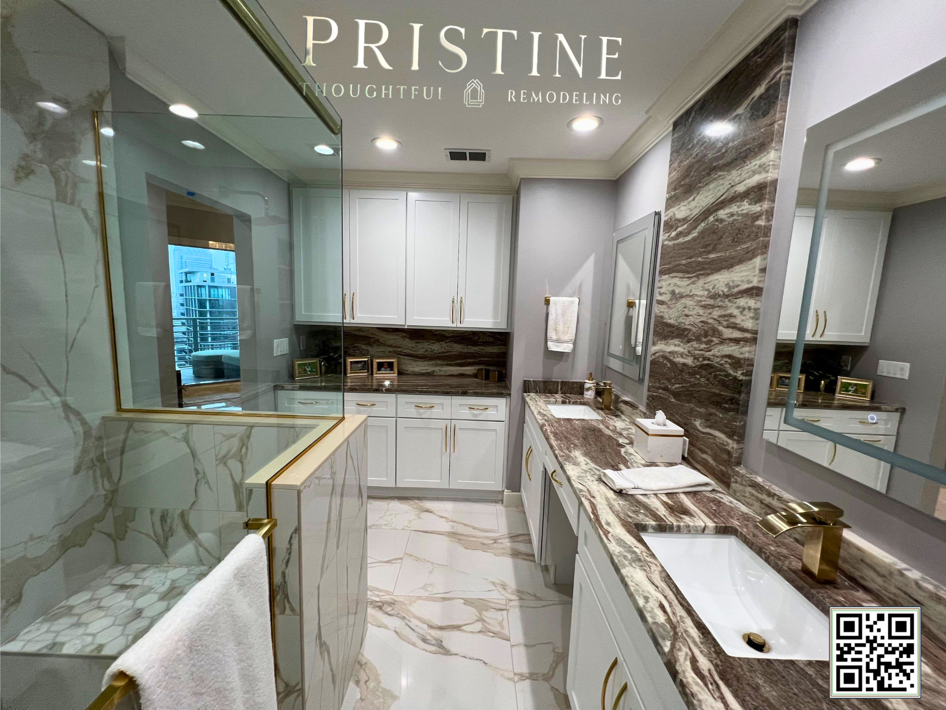Custom Tampa master bathroom remodel with double vanity and modern marble accent wall