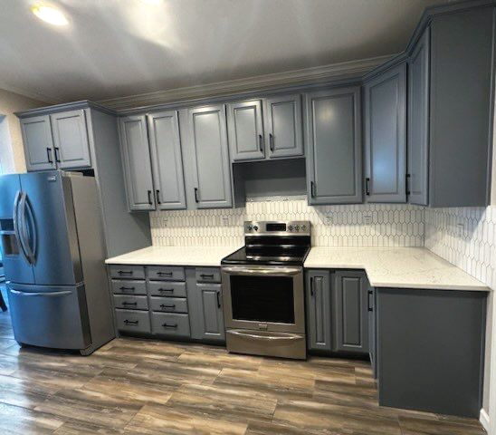 Modern kitchen with gray cabinets, stainless steel appliances, and wood-look flooring.