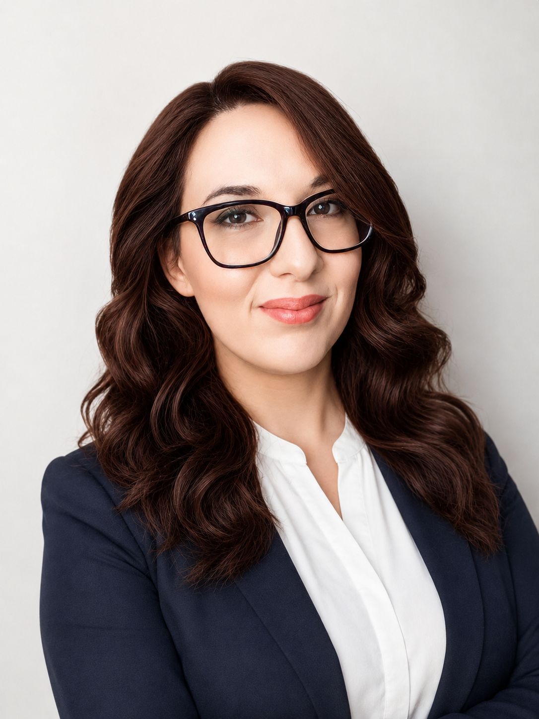 Portrait of a woman with dark hair and glasses, wearing a navy blazer and white blouse, smiling against a light background