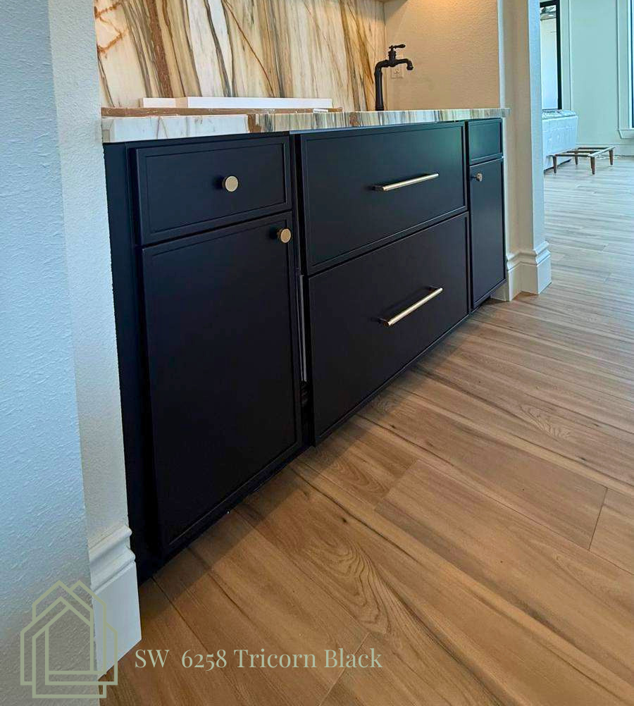 Tri-corn Black painted black wood cabinetry with Shaker-style doors and gold hardware