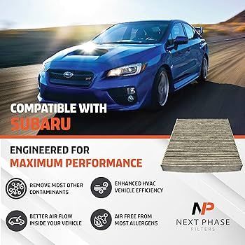Blue Subaru with air filters ad, “Compatible with Subaru” and “Engineered for maximum performance”