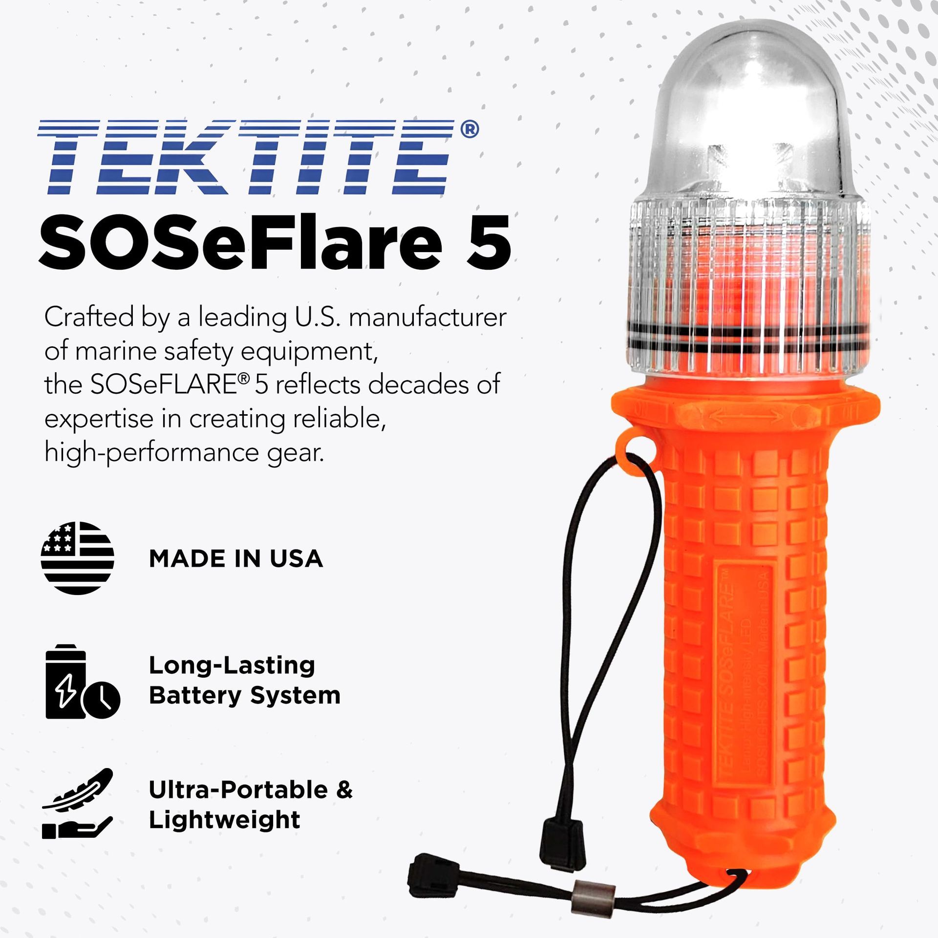TekTite SOSeflare 5 orange LED emergency flashlight with text highlighting made in USA and long battery life