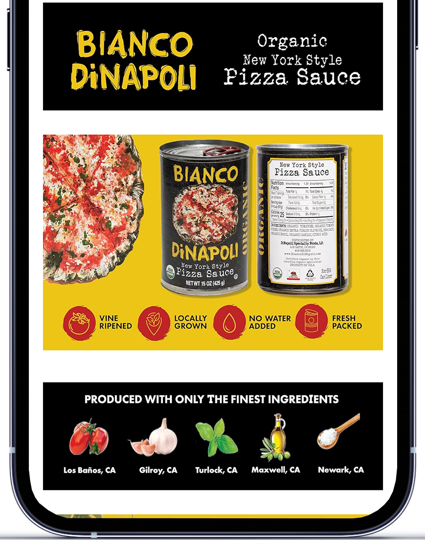 Bianco DiNapoli organic New York style pizza sauce can with pizza and ingredient icons on black-yellow label
