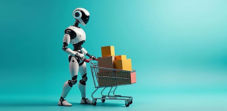 Robot pushing a shopping cart filled with boxes on a turquoise background