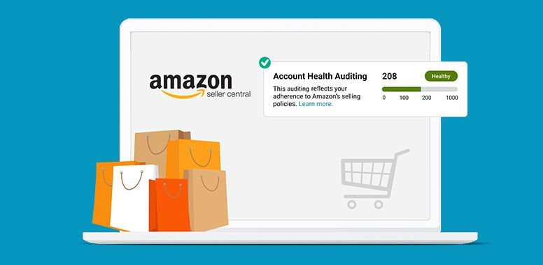 Amazon shopping illustration with laptop, shopping bags, and order card on a blue background