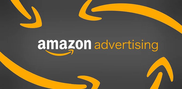 Amazon Advertising logo on dark gray background with orange curved arrows around the text