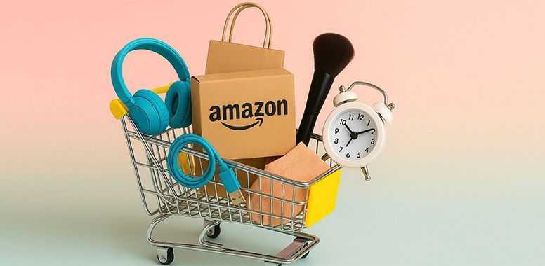 Shopping cart with Amazon bag, blue headphones, alarm clock, and yellow envelope on a pastel background