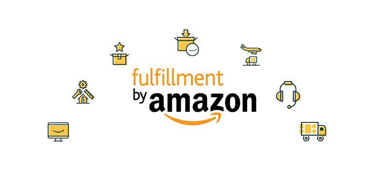 Amazon fulfillment logo with small delivery icons around it on a white background