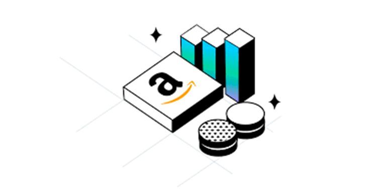 Stacked product boxes with an Amazon-style logo and coins on a white background