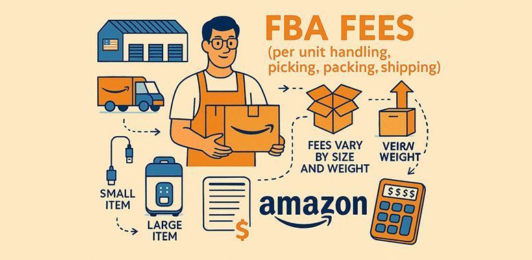 Illustration of Amazon FBA fees with boxes, truck, calculator, and delivery worker icon on orange background