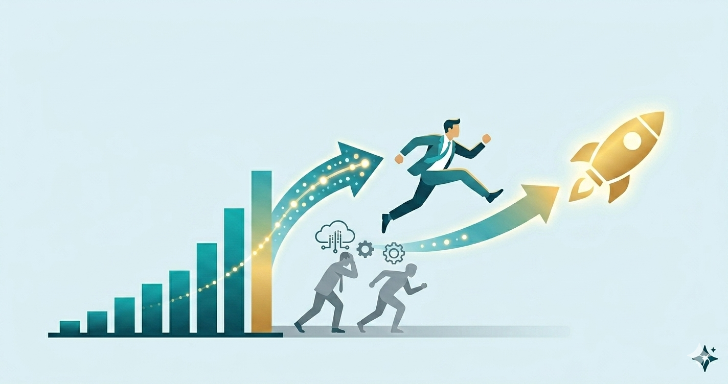 Upward growth chart with people climbing a rising arrow toward a rocket launch, symbolizing success