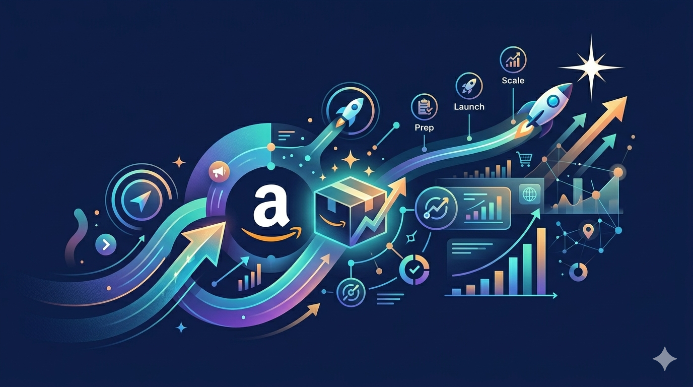Stylized Amazon logo with rockets, charts, and glowing arrows on a blue tech background