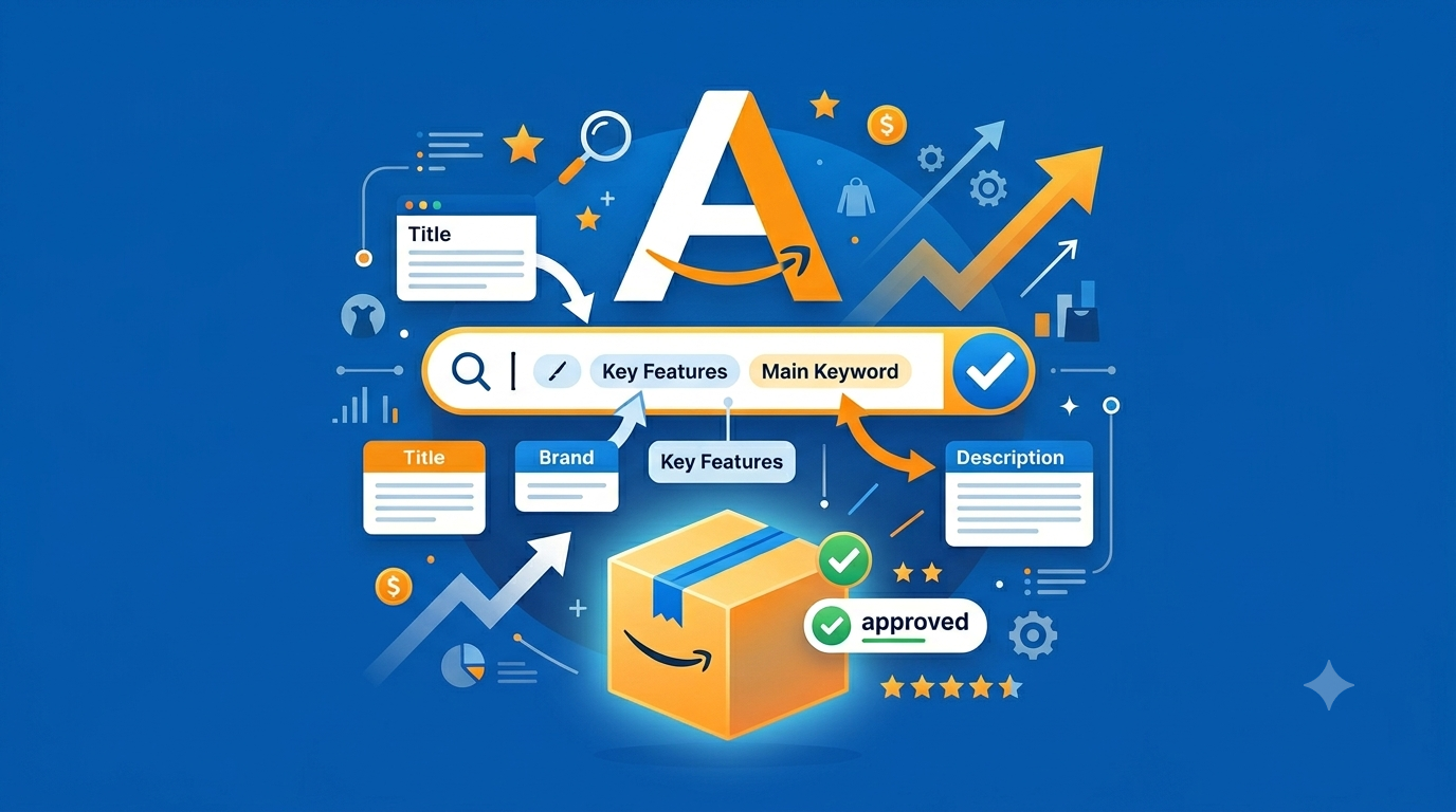 Blue tech-themed SEO graphic with large letter A, search bar, analytics icons, and a package with checkmark