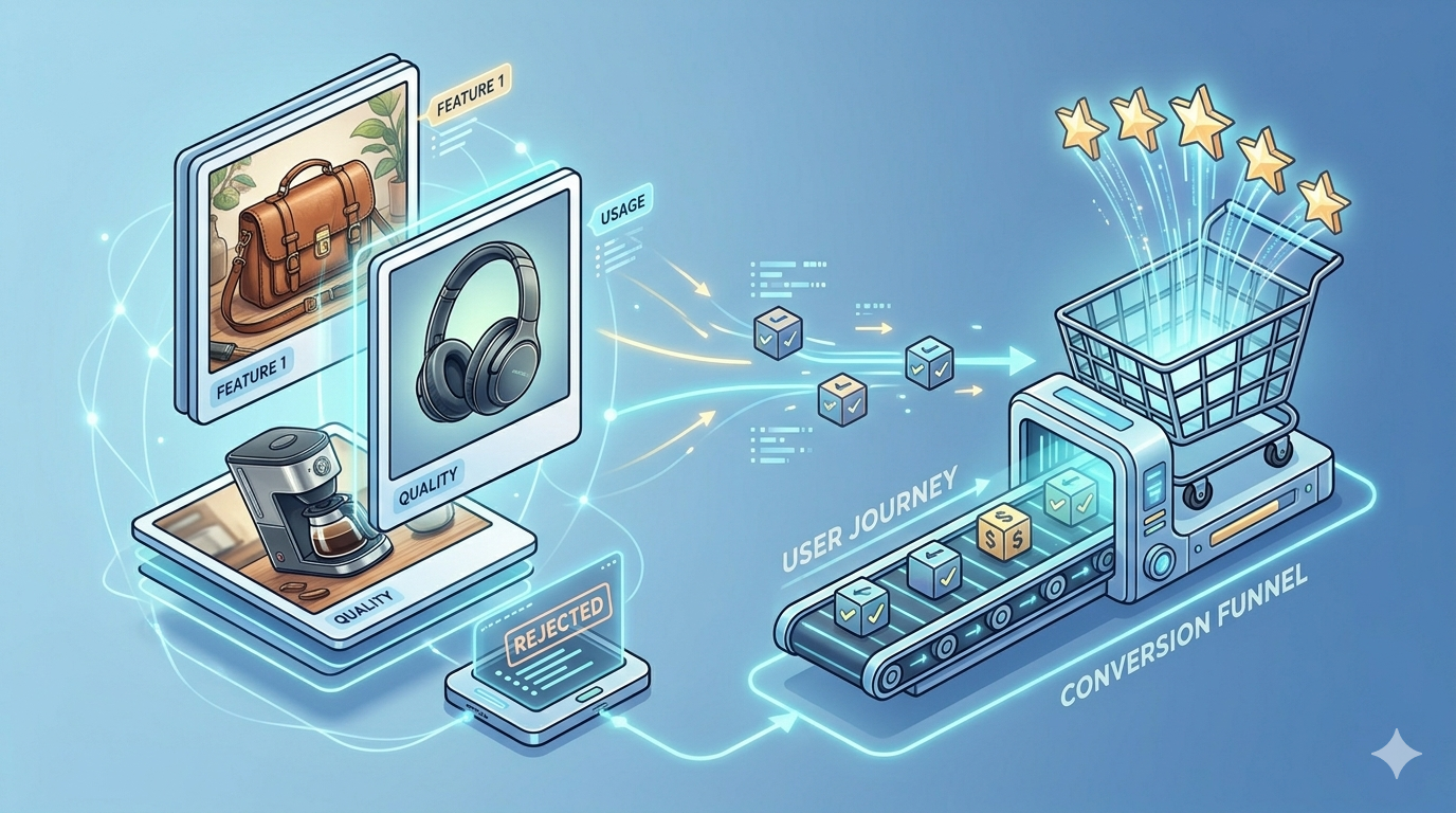 E-commerce workflow illustration with product screens, shopping cart, and package delivery icons on a blue background