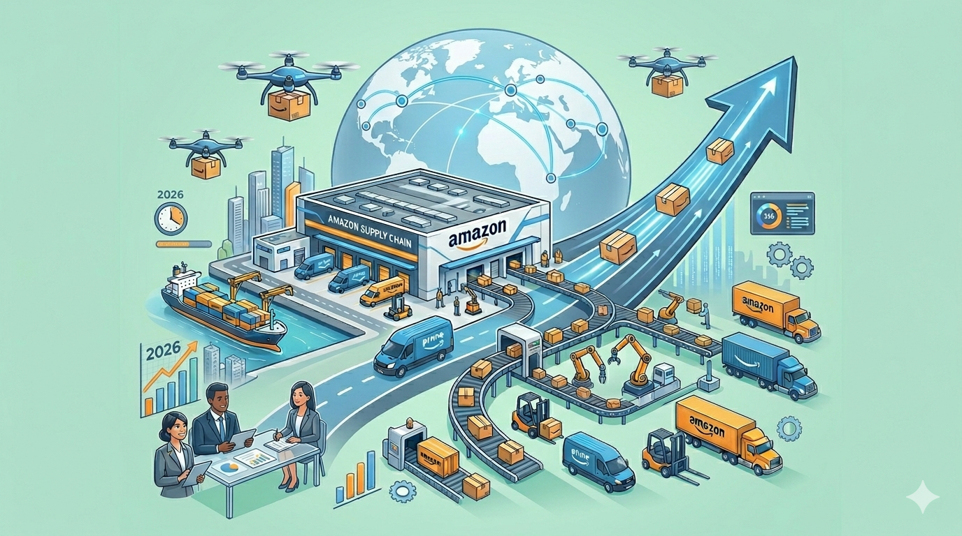Global logistics scene with drones, trucks, workers, and a rising blue arrow around a globe
