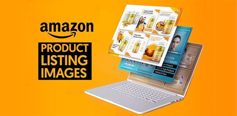 Amazon product listing images text over laptop and product photos on orange background