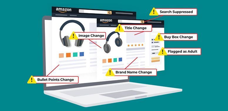 Laptop dashboard with warning labels for brand, price, image, title, and search changes