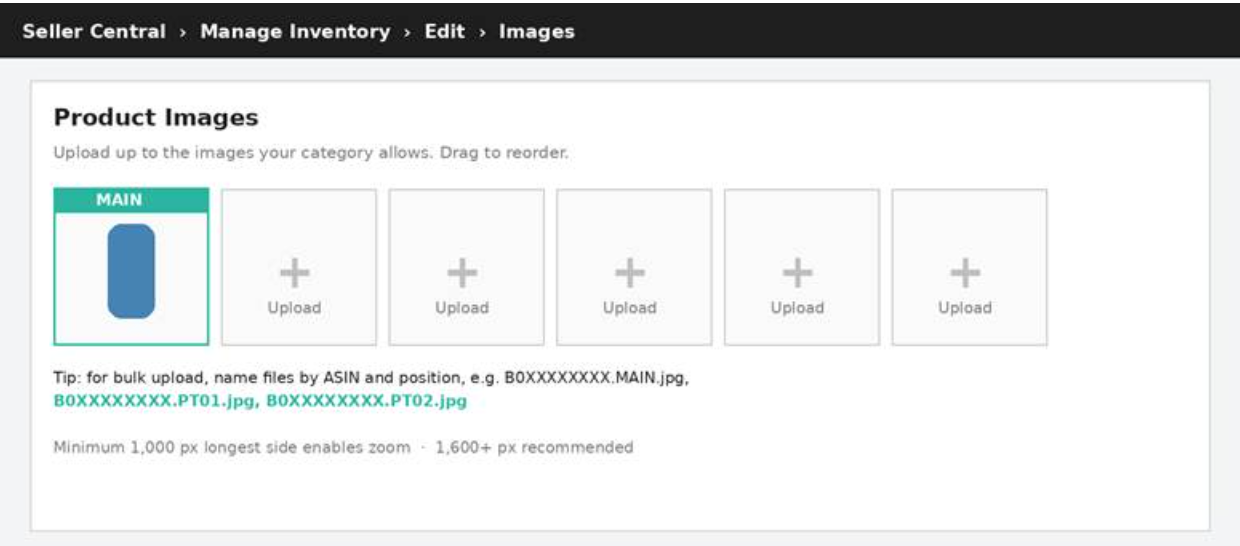 Managing images in Seller Central, with the ASIN-based bulk file naming pattern.