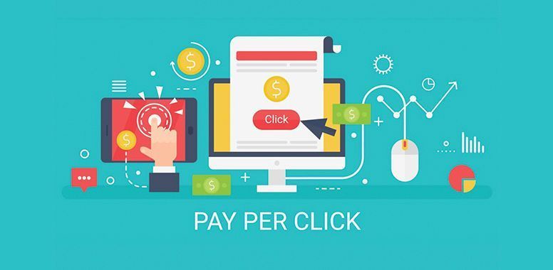 Pay-per-click digital marketing illustration with laptop, smartphone, charts, and ads on a teal background