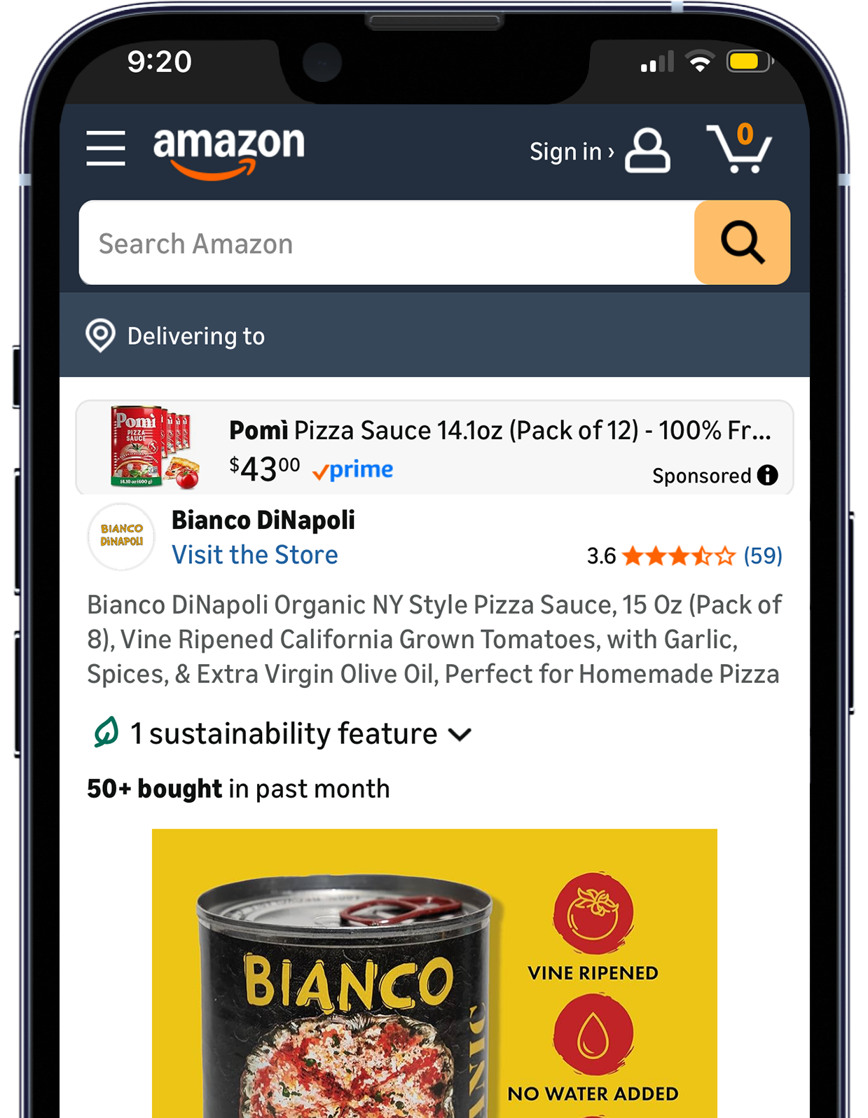 Amazon mobile app showing a pasta sauce product listing with price, ratings, and delivery details