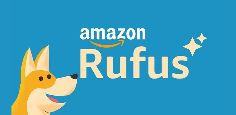 Amazon Rufus logo with a smiling yellow dog on a blue background