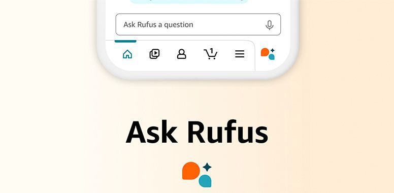 Amazon Rufus search bar and app icons on a light beige background, with “Ask Rufus” text