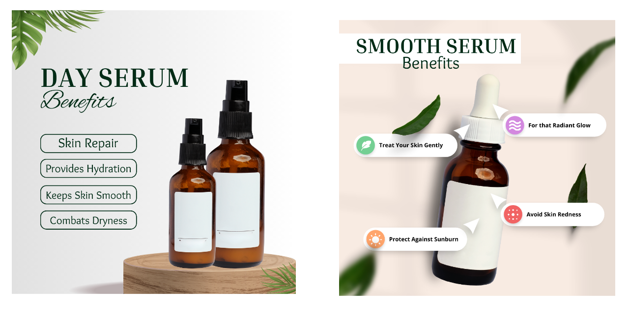 Collage of day and smooth serum skincare ads with amber dropper bottles, leaves, and product labels